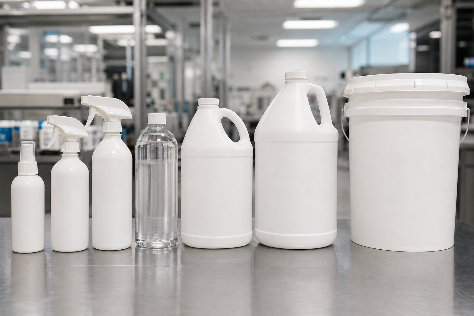 Illustration of unbranded spray bottles, liquid bottles, jugs and a pail.