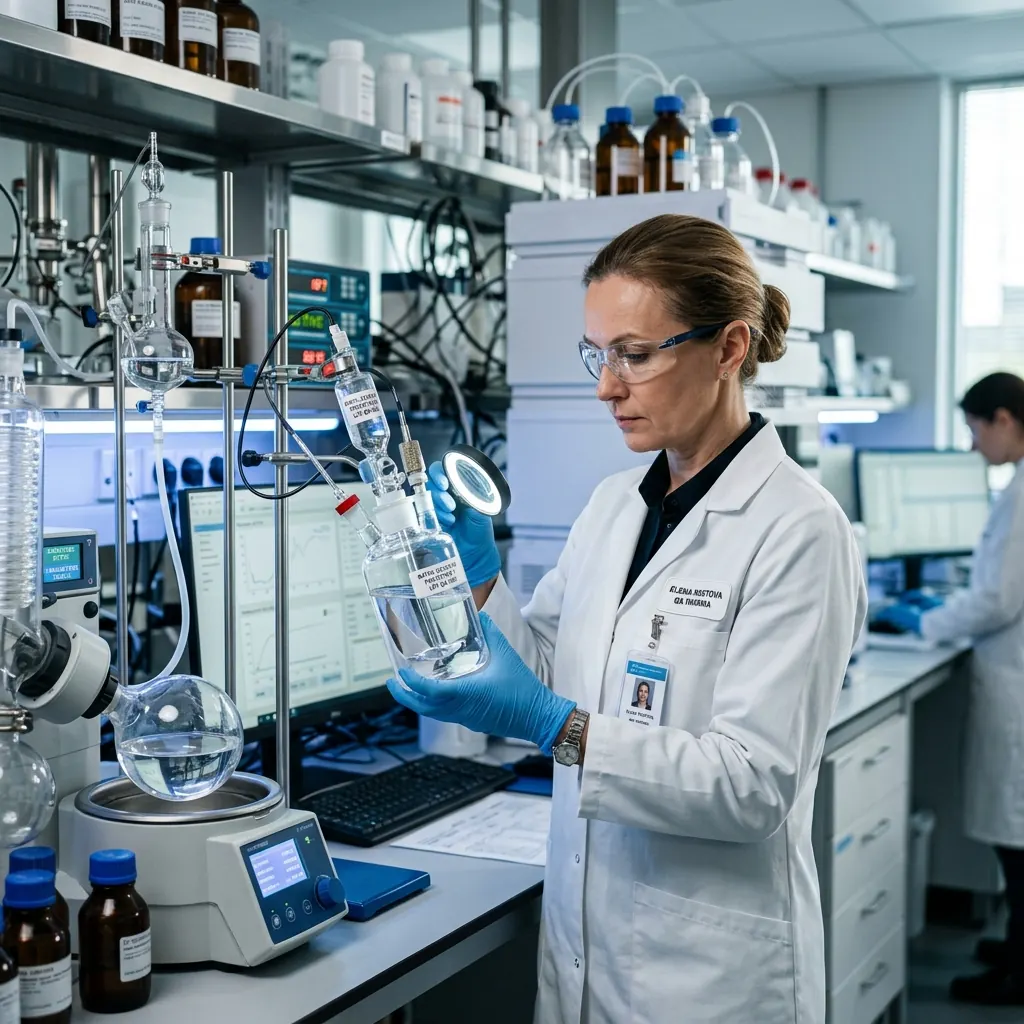 QA technician testing a HOCl formulation in the lab.