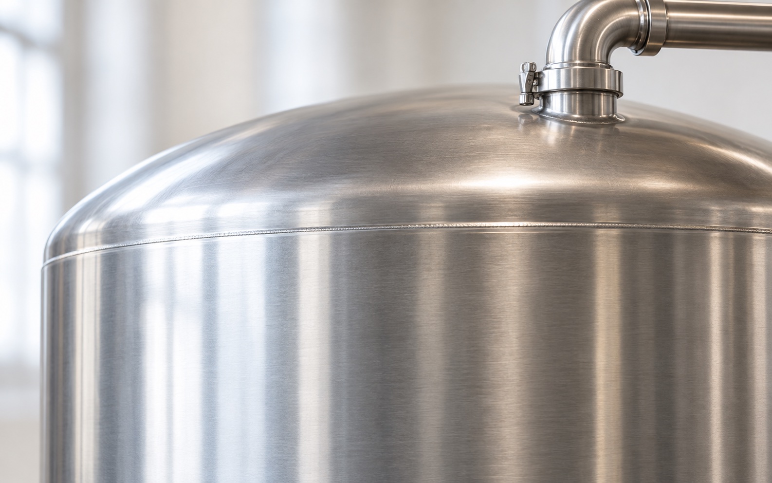 Illustrative close-up of a stainless-steel tank shoulder and a simple pipe connection.