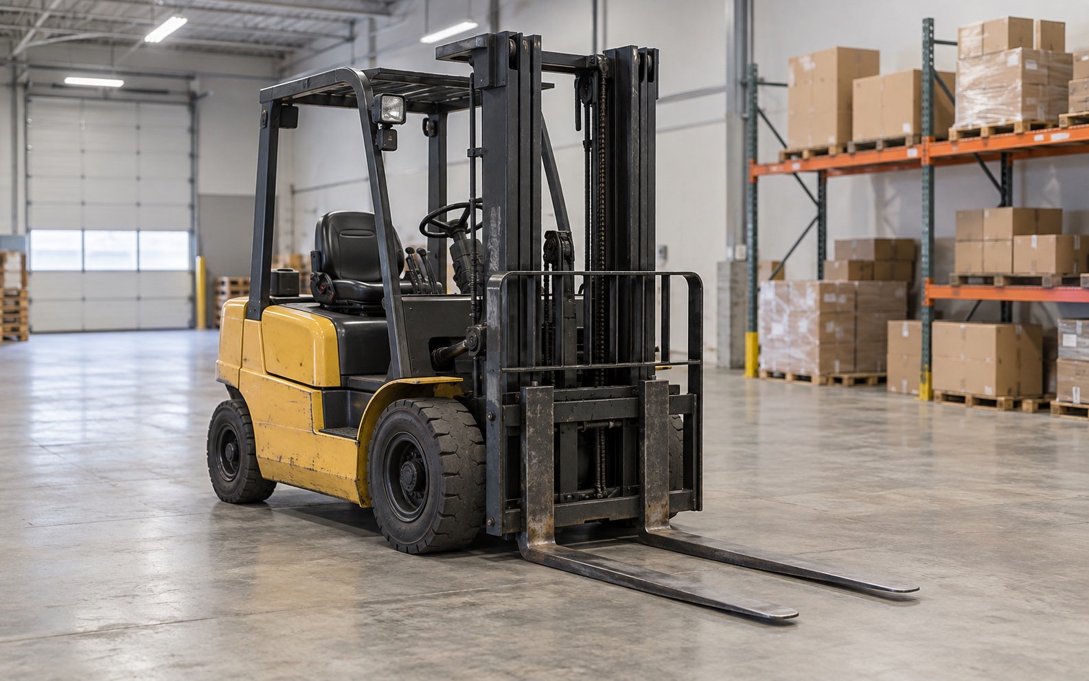 Illustrative warehouse interior with a parked forklift and pallet shelving.
